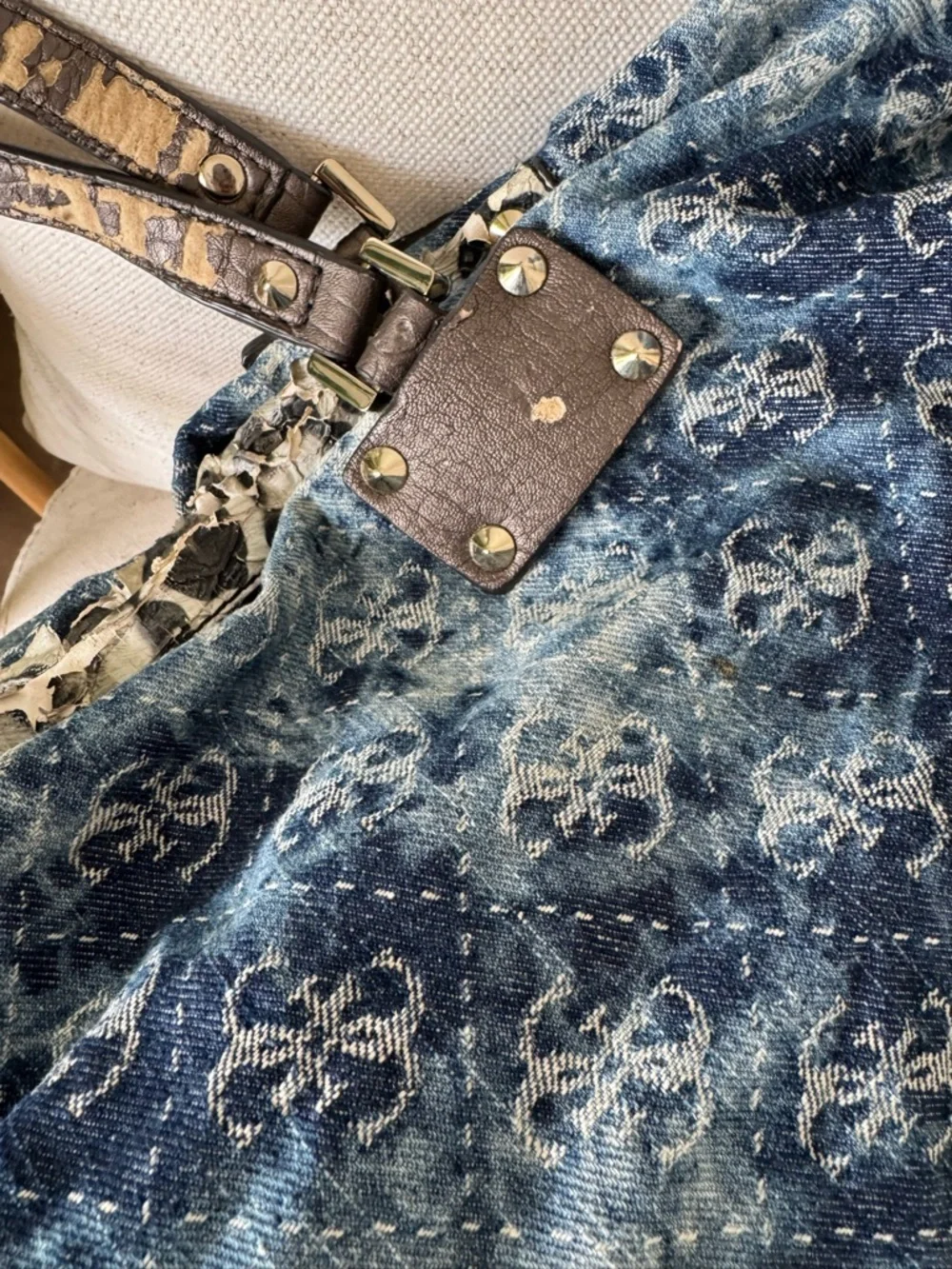 Vintage GUESS Blue Denim Logo Print Large Monogram Y2K Tote Shoulder Bag-READ